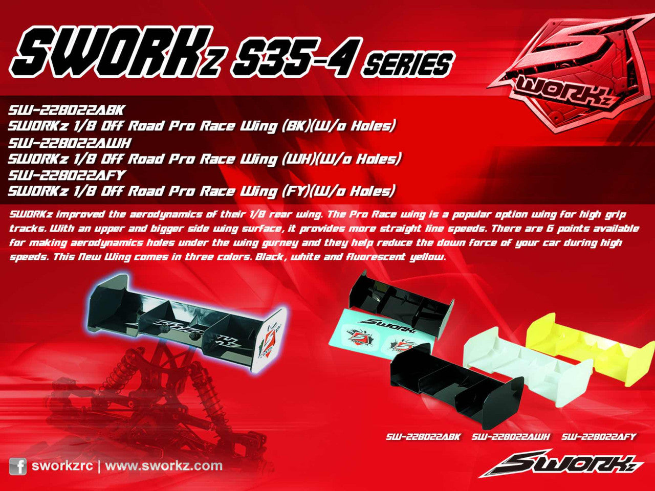 SWORKz 1/8 Off Road Pro Race Wing (W/O Holes)
